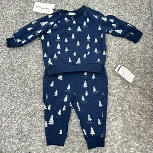 Miles the Label 12M 2pc Outfit Set Navy Blue Christmas Tree Organic Cotton NWT